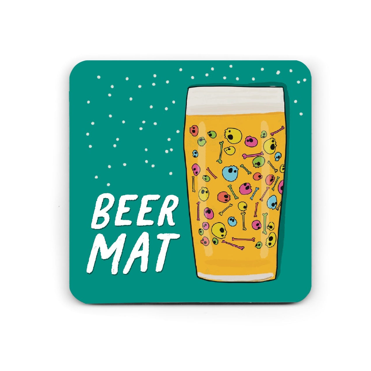Square coaster with a beer glass design and 'BEER MAT' text on a green background