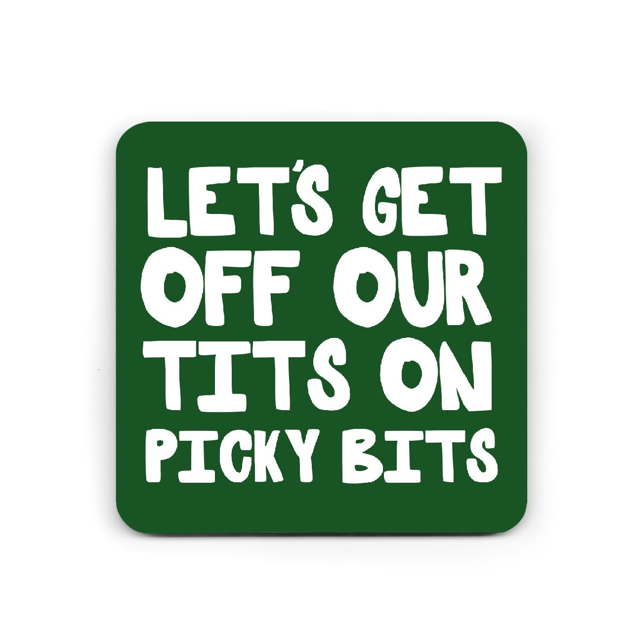 Green square sign with white text on a white background