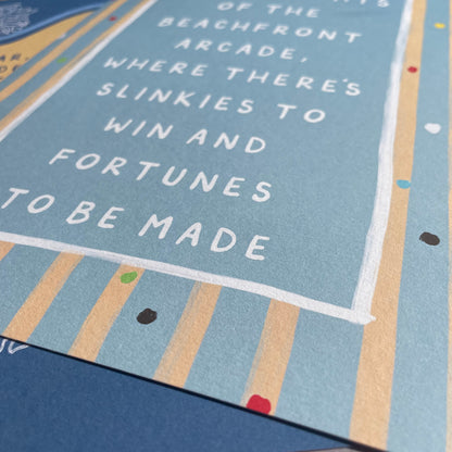 Close-up of a product packaging with text and design elements.