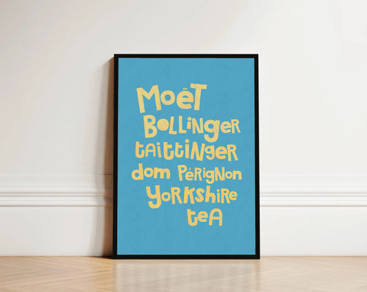 Framed poster with yellow text on a blue background against a white wall.
