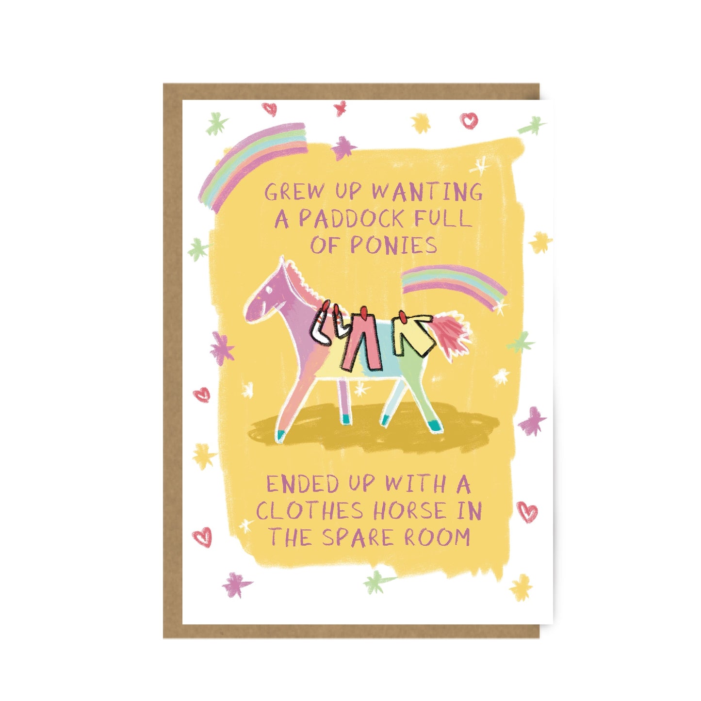 Card with illustration of a clothes horse and text on a yellow background