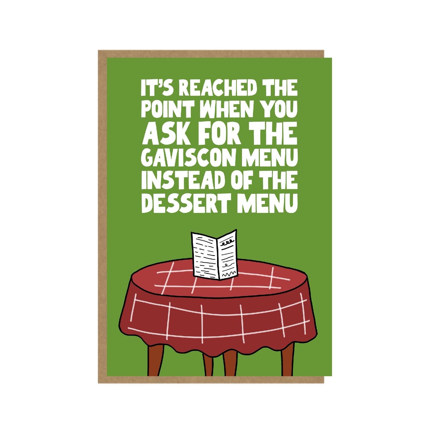 Card with a table and Gaviscon menu on a green background