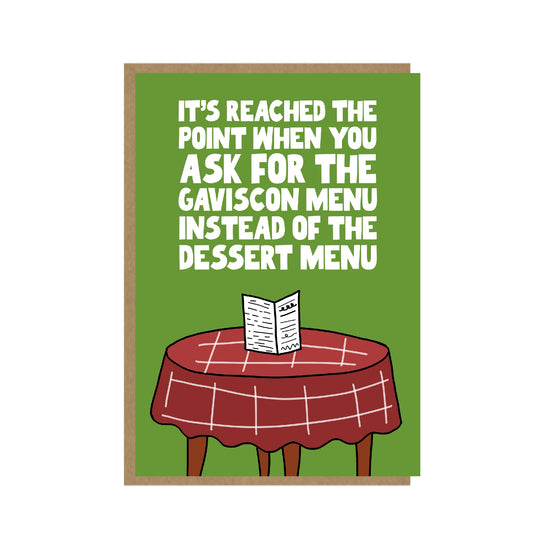 Card with a table and Gaviscon menu on a green background